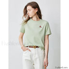 Bead Embroidered Round Cotton T Shirt Light Green / S