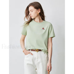 Bead Embroidered Round Cotton T Shirt Light Green / S