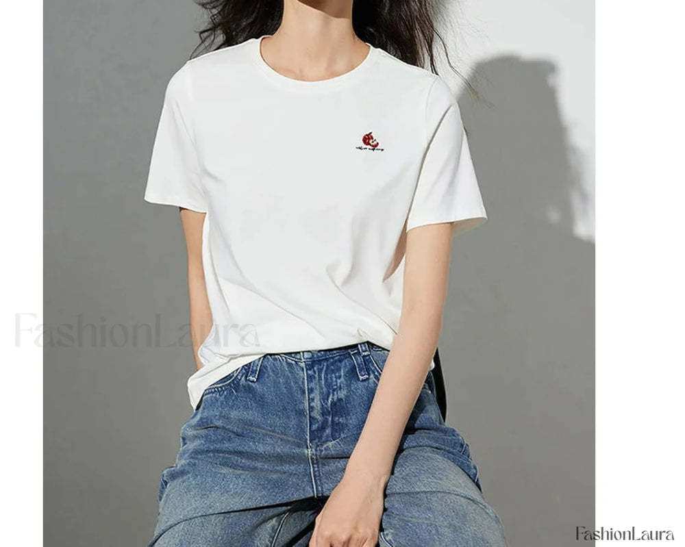 Bead Embroidered Round Cotton T Shirt White / S