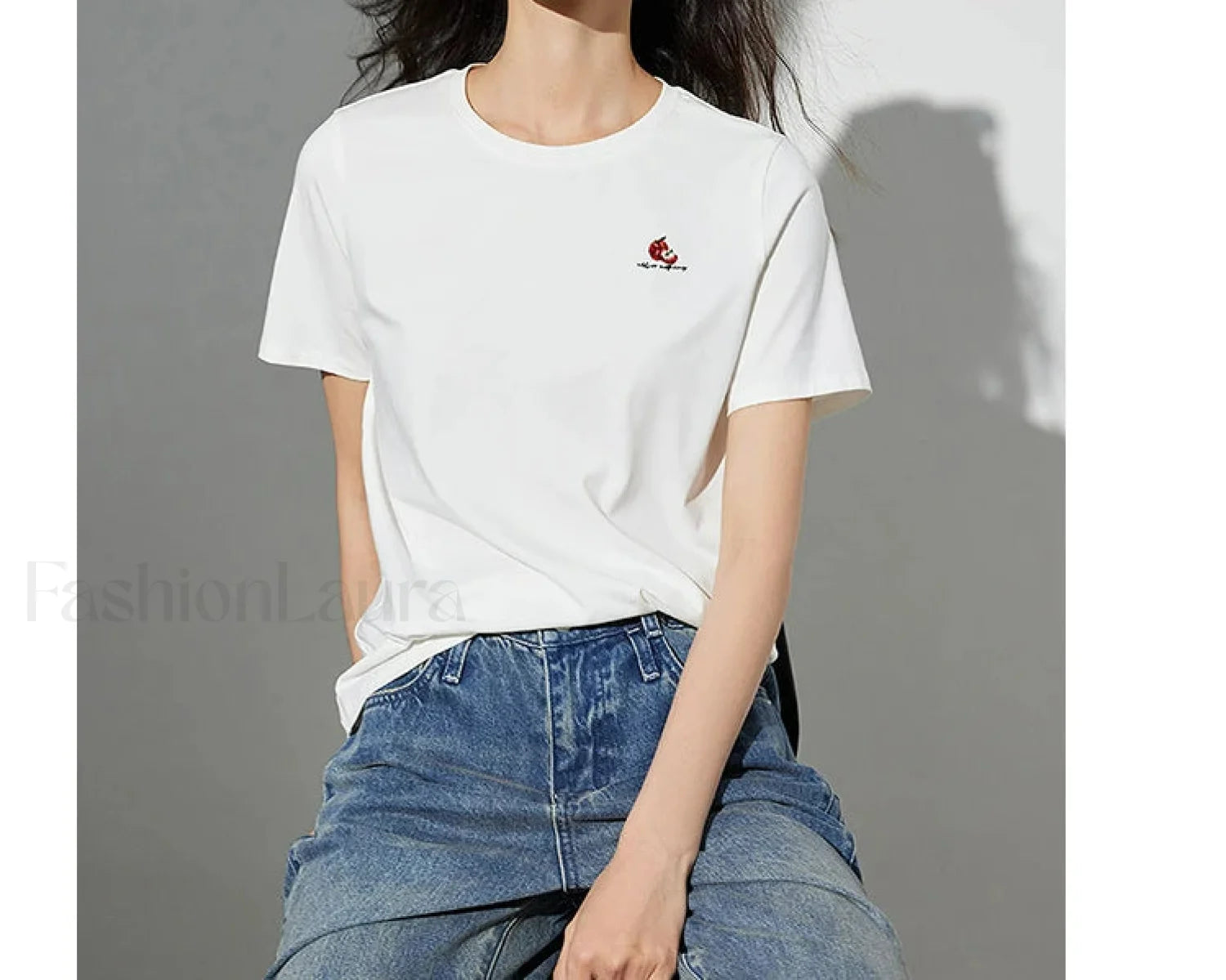 Bead Embroidered Round Cotton T Shirt White / S