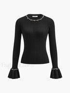Beaded Decor Ruffle Knit Top Knit Tops