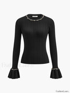 Beaded Decor Ruffle Knit Top Knit Tops