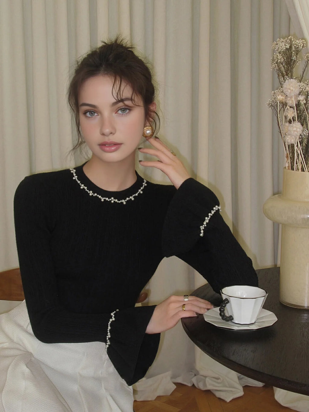 Beaded Decor Ruffle Knit Top Knit Tops