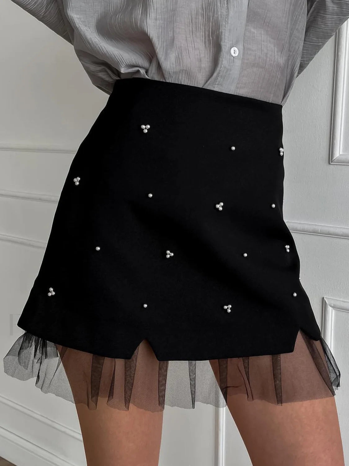 Beaded Tulle Trim A Line Skirt Black / XS Skirts Main image