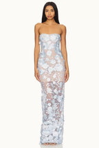 Elegant Strapless 3D Floral Embroidery Floral Dress