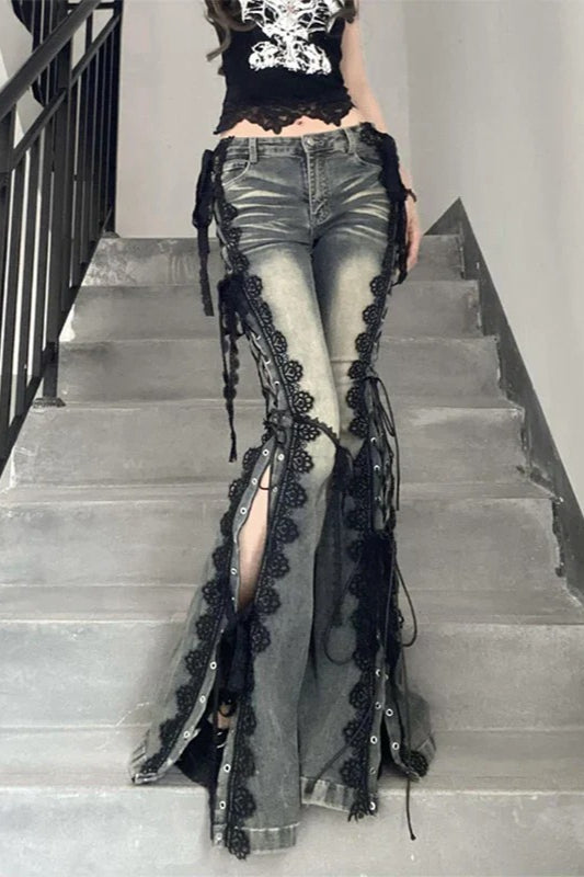 Flare Lace Bandage Denim Jeans Blue / S Main image