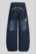Embroidered Multi Pocket Baggy Barrel Jeans