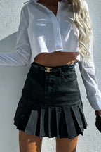 Pleated Paneled Denim Mini Skirt