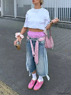 Bermuda Denim Mid Waist Side Stripes Print Wide Leg Short