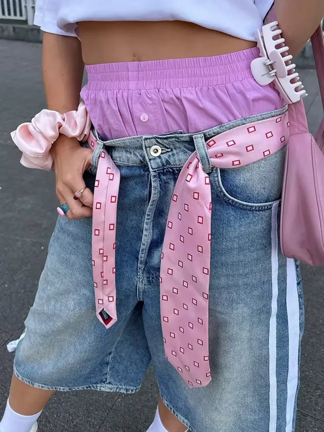 Bermuda Denim Mid Waist Side Stripes Print Wide Leg Short blue / S Main image