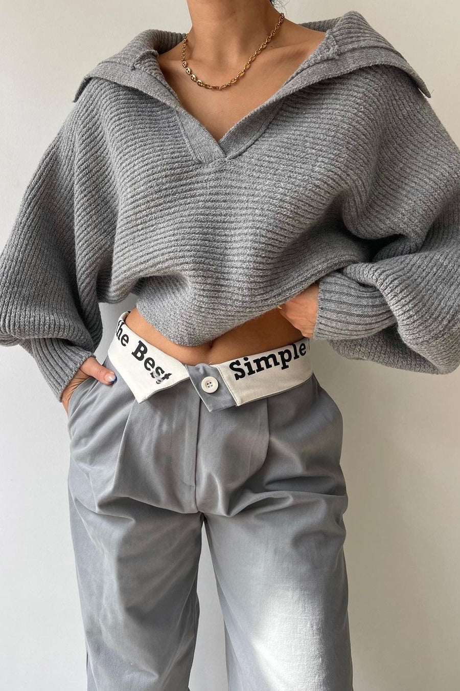 Lantern Sleeve Open Collar Knit Sweater