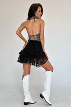 Sheer Lace Jacquard Tiered Mini Skirt