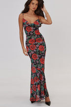 V Neck Printed Strap Slim Maxi Floral Dress
