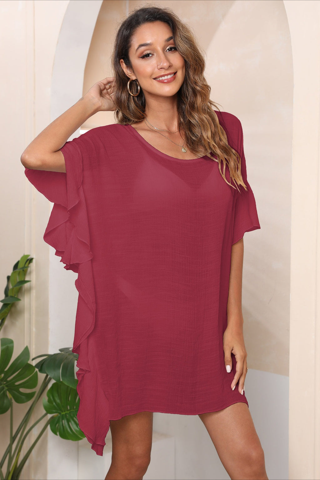 Solid Ruffle Loose Beach Style Cover Up