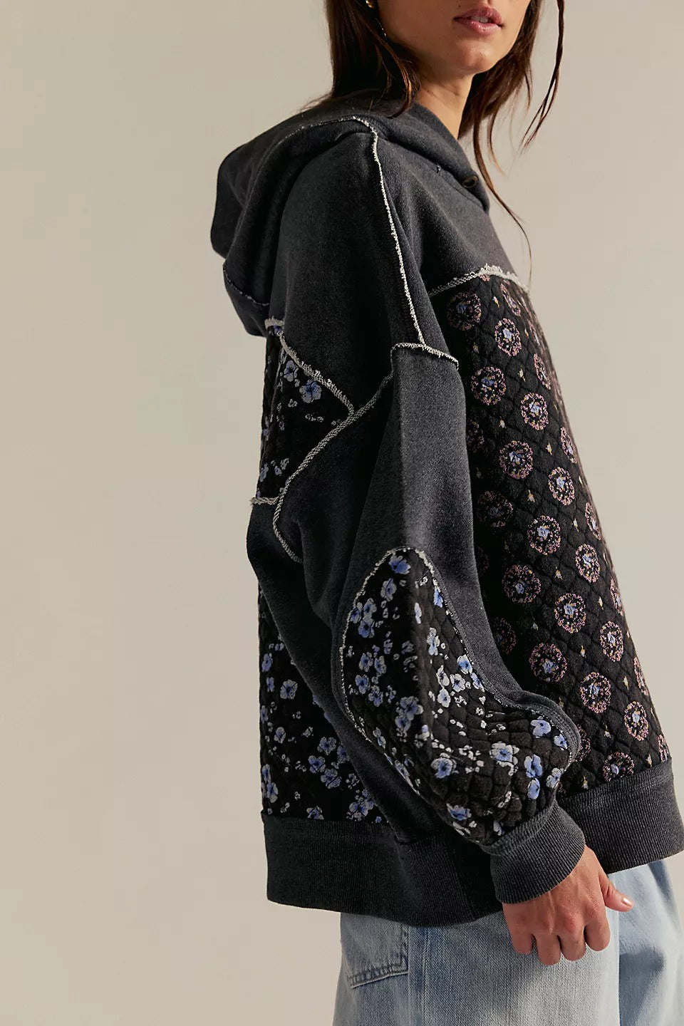 Boho Quilted Floral Patchwork Oversized Hoodie