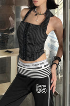 Stripe Bodycon Corset Lace Trim Halter Top