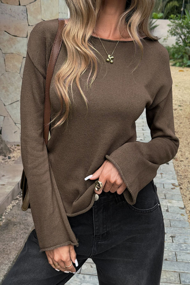 Brown Knit Boat Neck Flare Sleeve Tee Main image