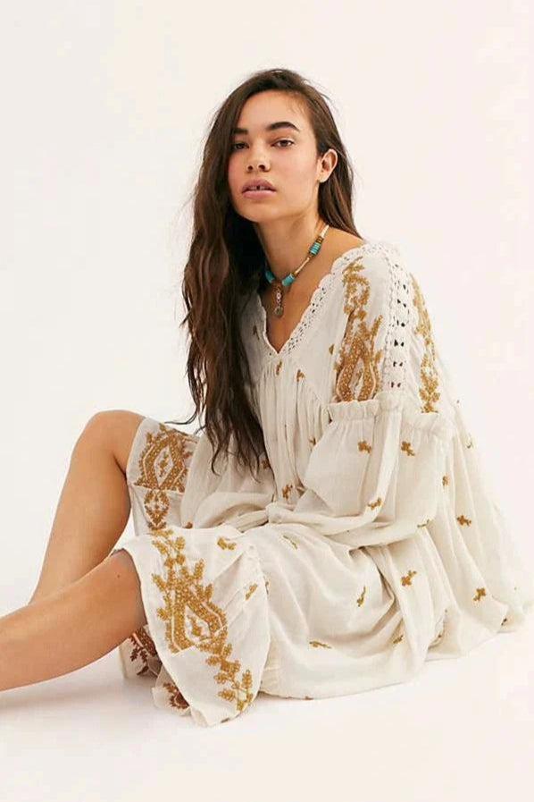 Floral Long Sleeve Midi Boho Dress Beige / S Main image