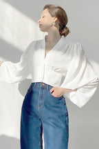 V Neck Lantern Sleeve Slim Blouse