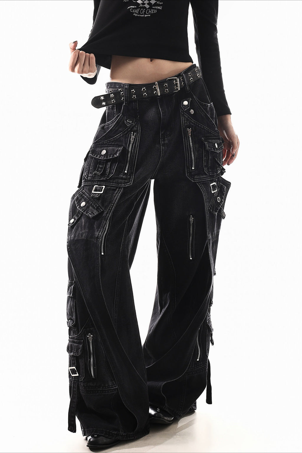 Deconstructed Buckle Cargo Wide Leg Jeans