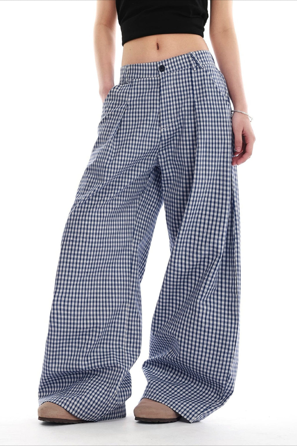 Blue Plaid Pleated Wide Leg Pants