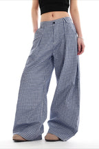 Blue Plaid Pleated Wide Leg Pants