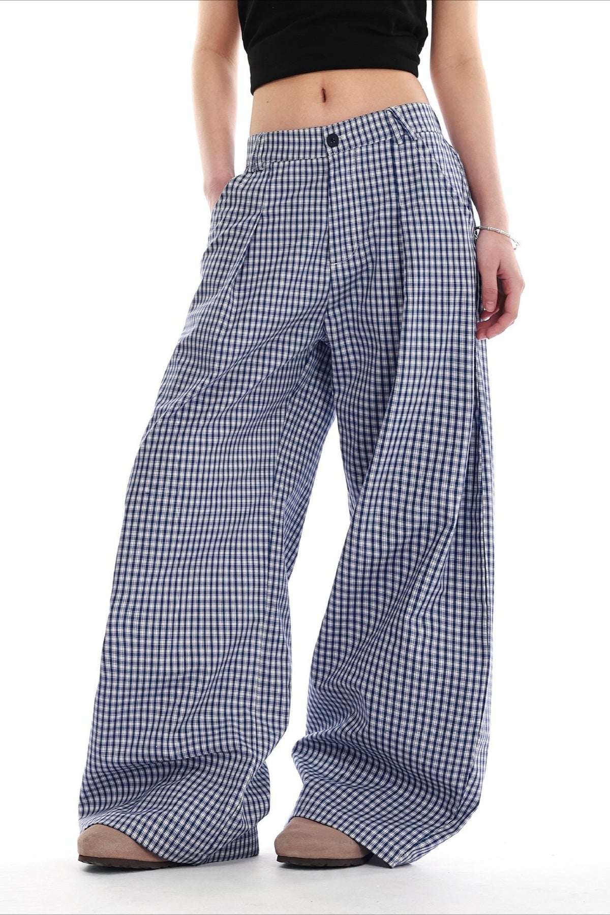 Blue Plaid Pleated Wide Leg Pants