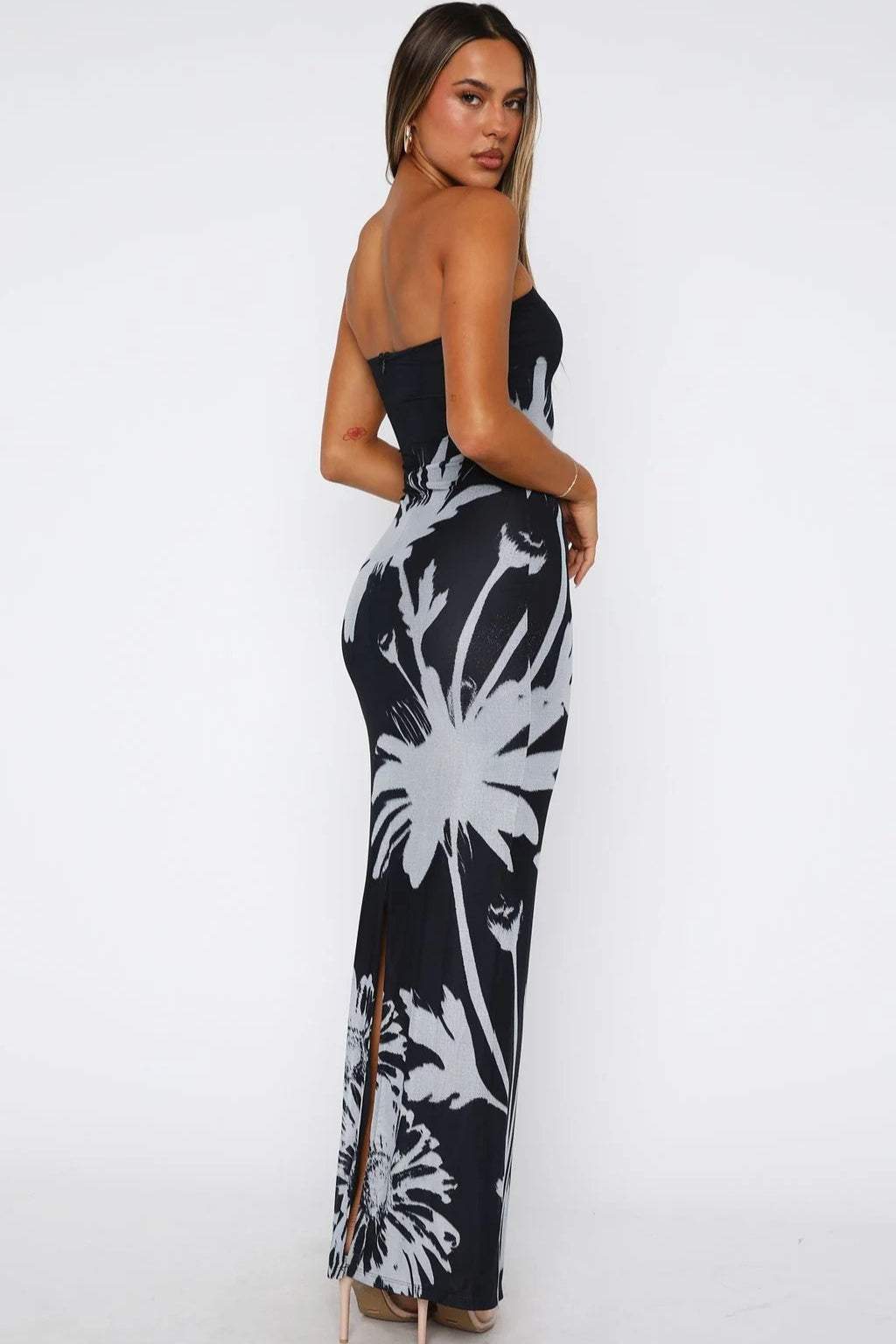 Black Printed Strapless Bodycon Vacation Dress Secondary image