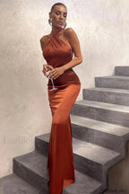 Bianca Cross Over Charming Halter Neck Dress S / Rust