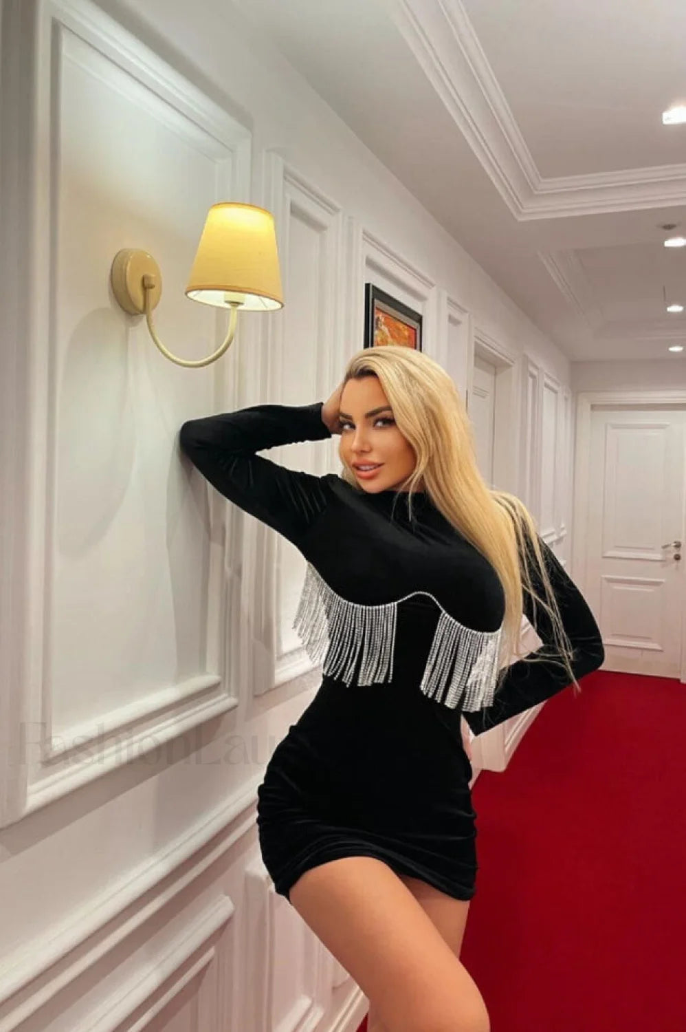 Black Crystal Fringe Charming Velvet Mini Dress