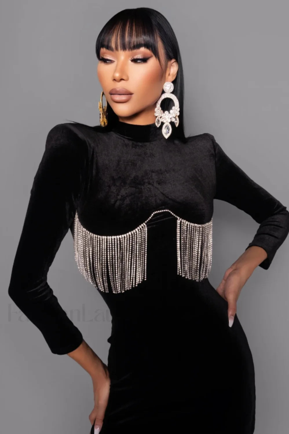 Black Crystal Fringe Charming Velvet Mini Dress
