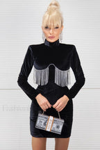 Black Crystal Fringe Charming Velvet Mini Dress