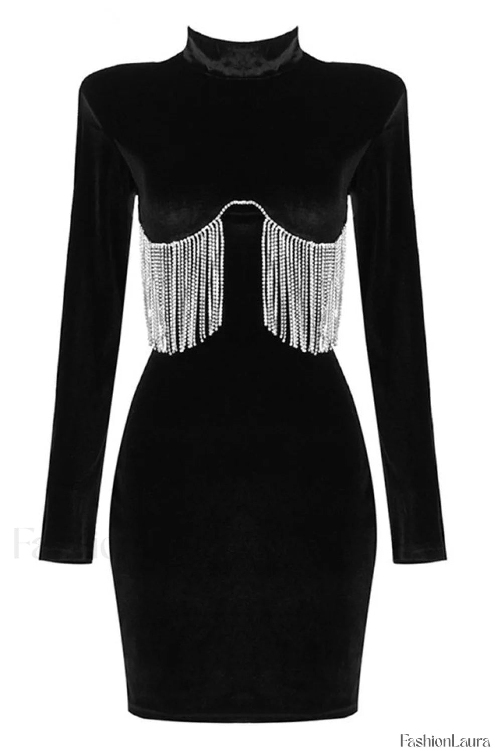 Black Crystal Fringe Charming Velvet Mini Dress XS / Black