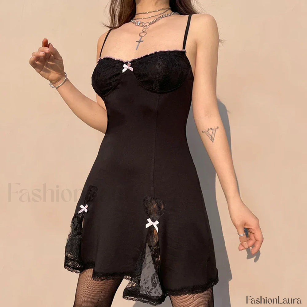 Black Gothic Lolita Style Lace Trim Sleeveless V Neck Bow Y2K Grunge Mini A Line Dress