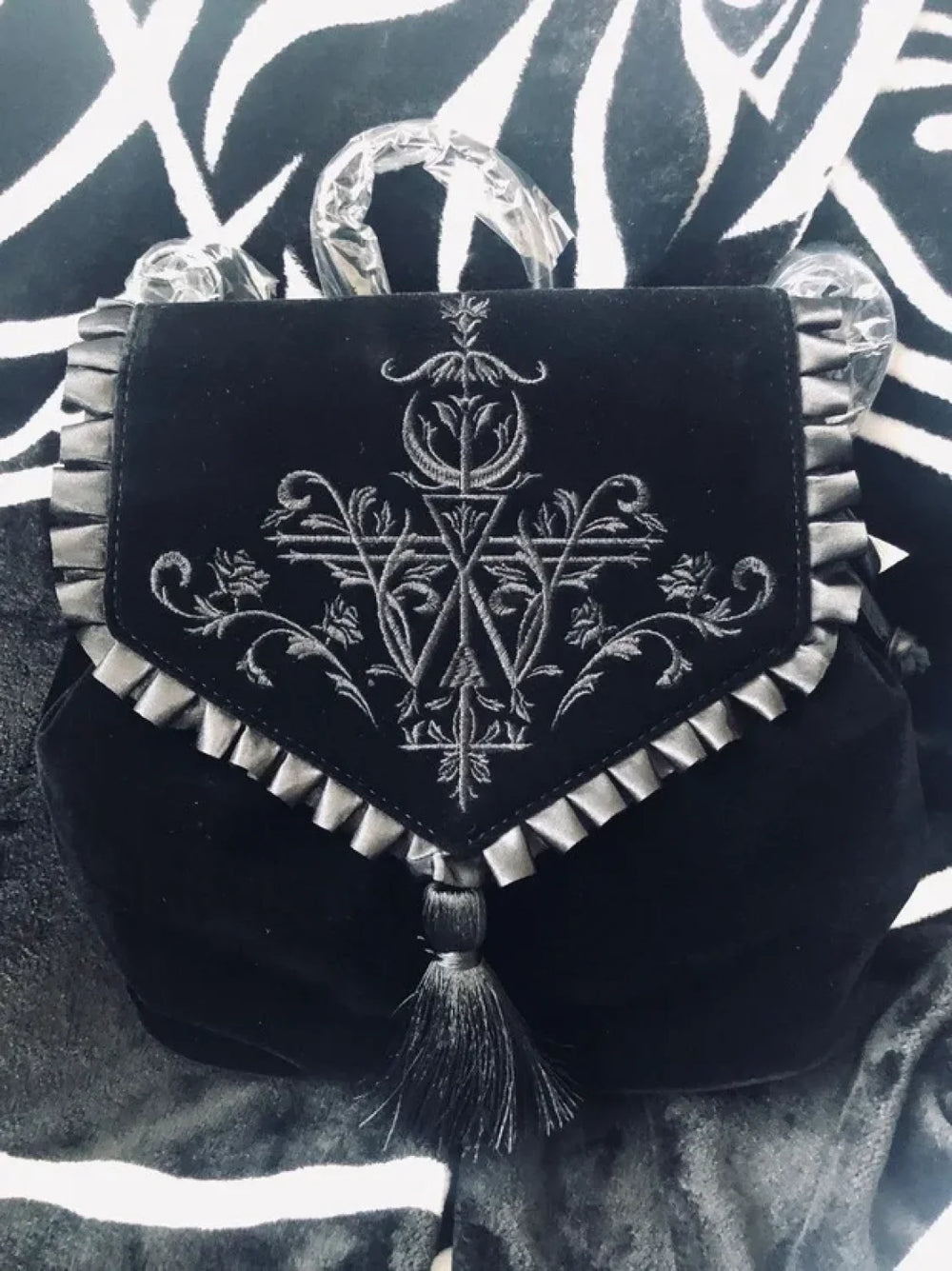 Black Gothic Velvet Witch Harajuku Magic Embroidery Dark Punk Shoulder Bag Black