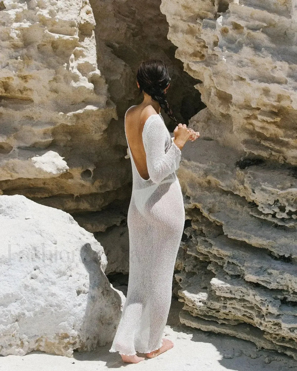 Black Knitted Sexy Backless Slim Long Sleeve Maxi Dress WHITE / S