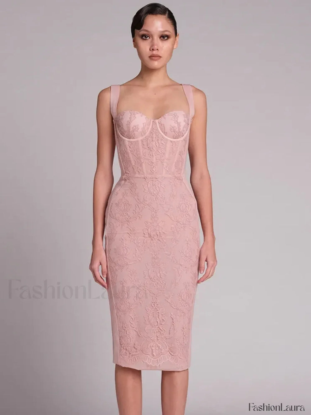 Black Lace Bandage Midi Dress Pink / S