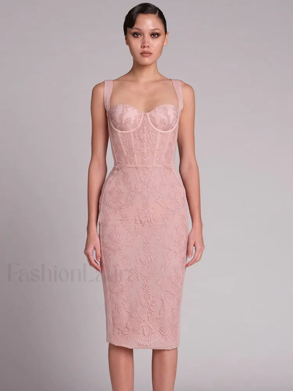 Black Lace Bandage Midi Dress Pink / S