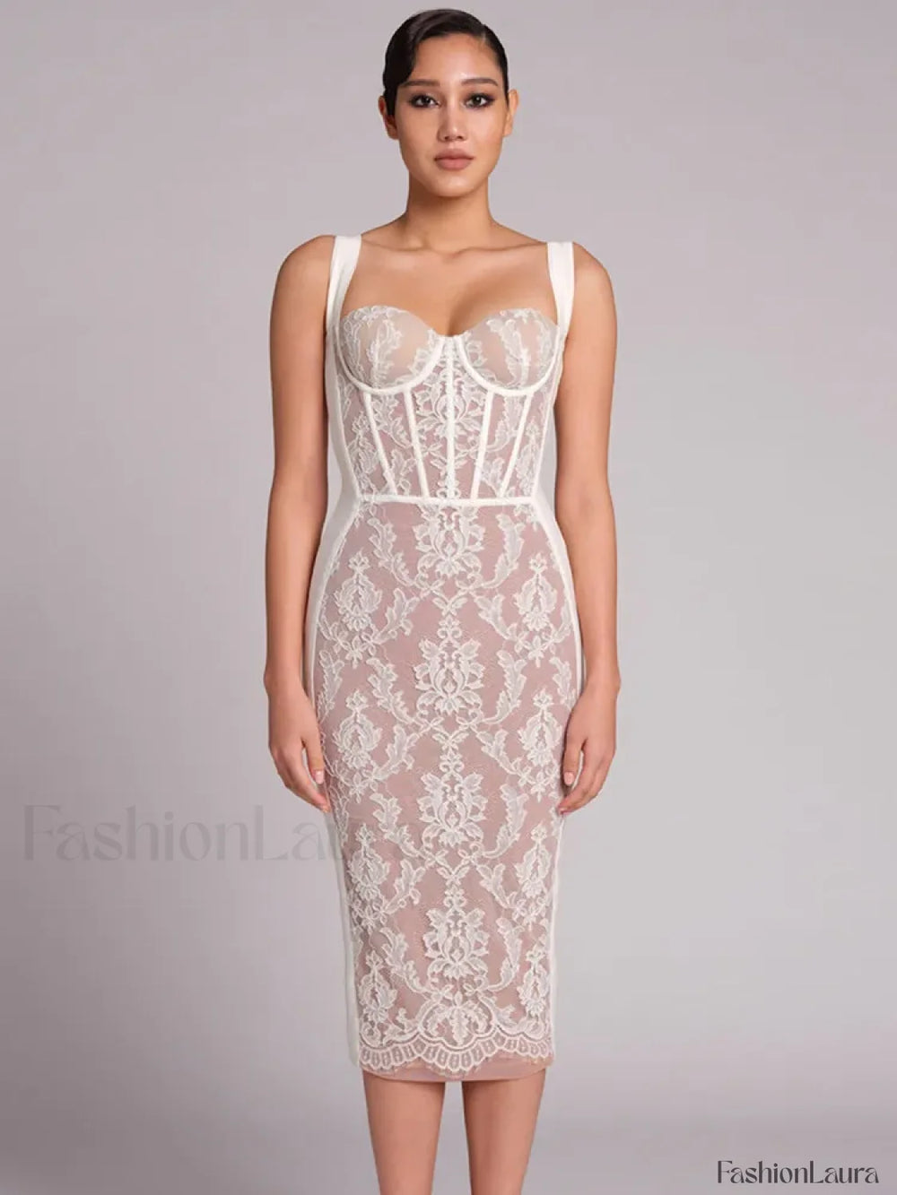 Black Lace Bandage Midi Dress WHITE / S