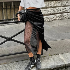 Black Lace Sheer Midi Skirt