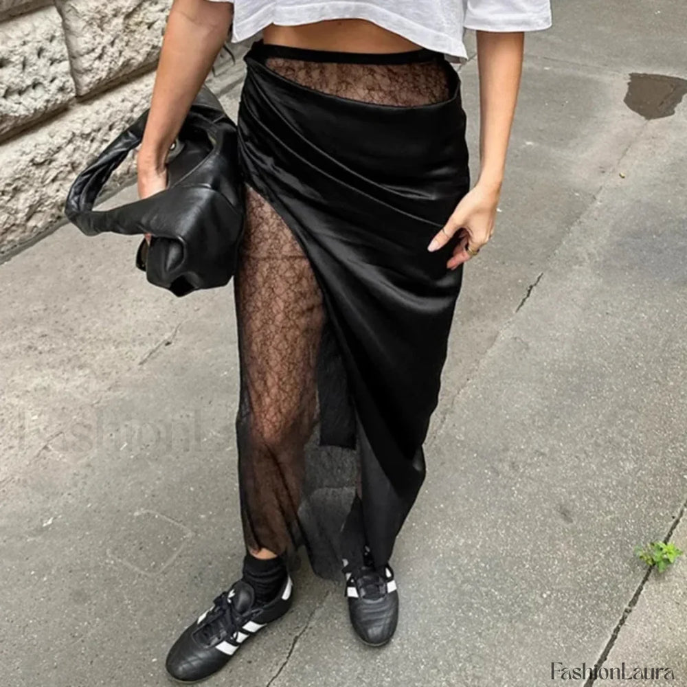 Black Lace Sheer Midi Skirt Black / S