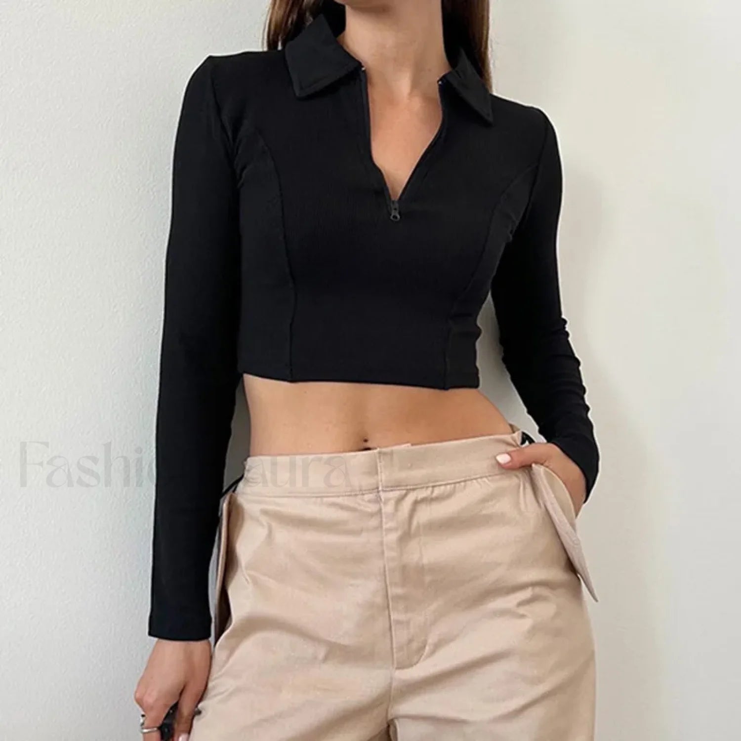 Black Long Sleeve Zipper Crop Top Casual Fashion T-Shirt Secondary image
