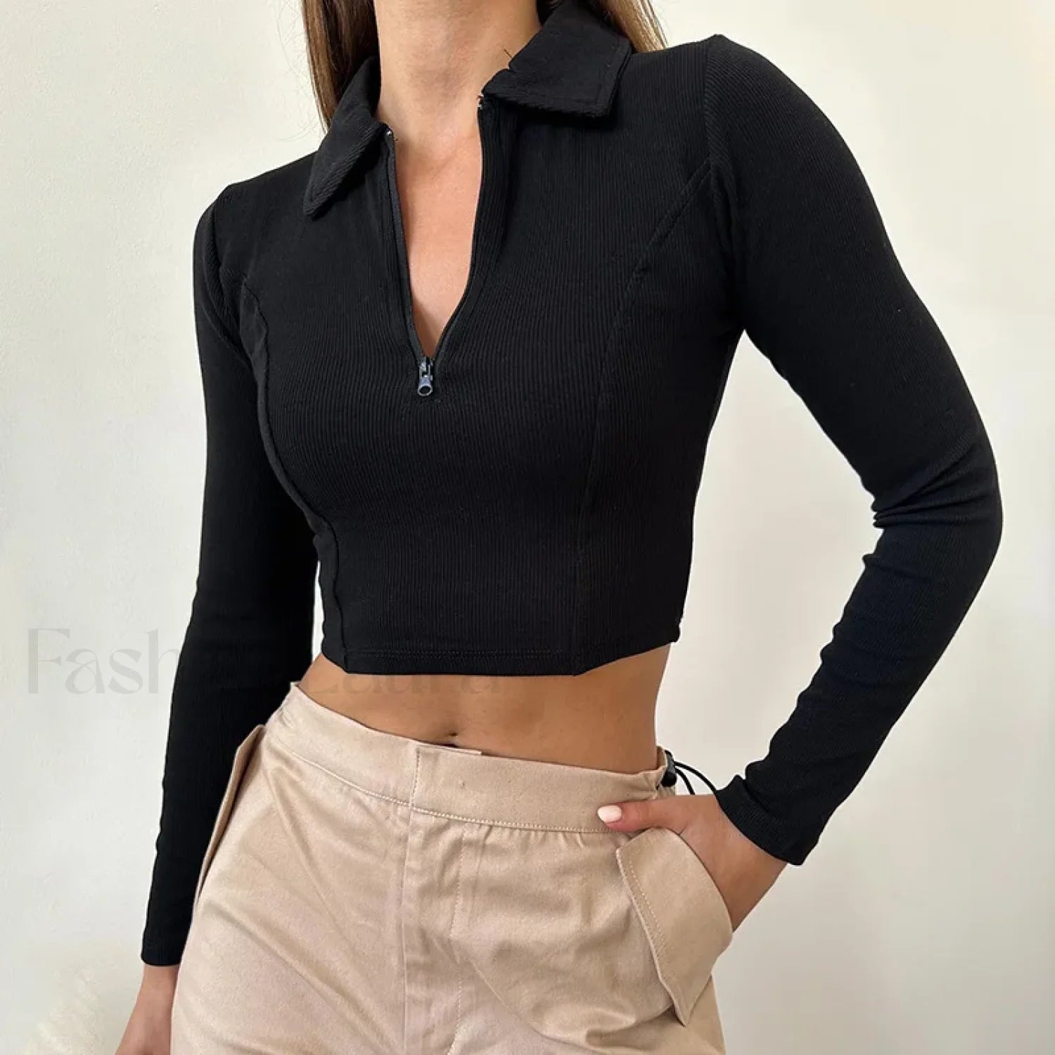 Black Long Sleeve Zipper Crop Top Casual Fashion T Shirt Main image
