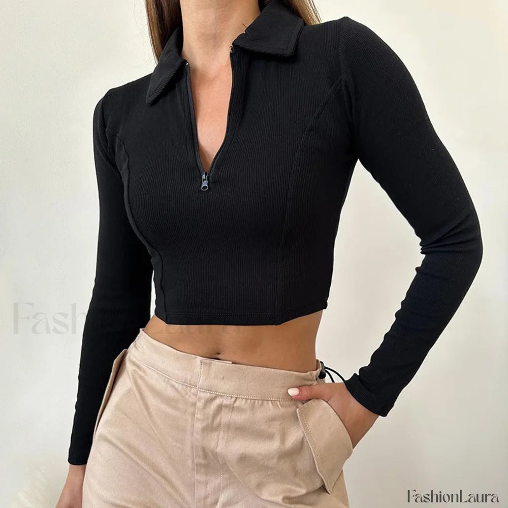 Black Long Sleeve Zipper Crop Top Casual Fashion T Shirt