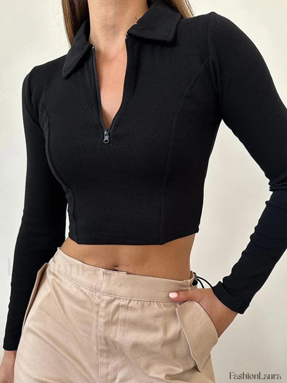 Black Long Sleeve Zipper Crop Top Casual Fashion T Shirt Black / S