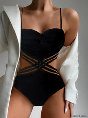 Black Mesh Cross Strap Push One Piece Black Swimusit / S