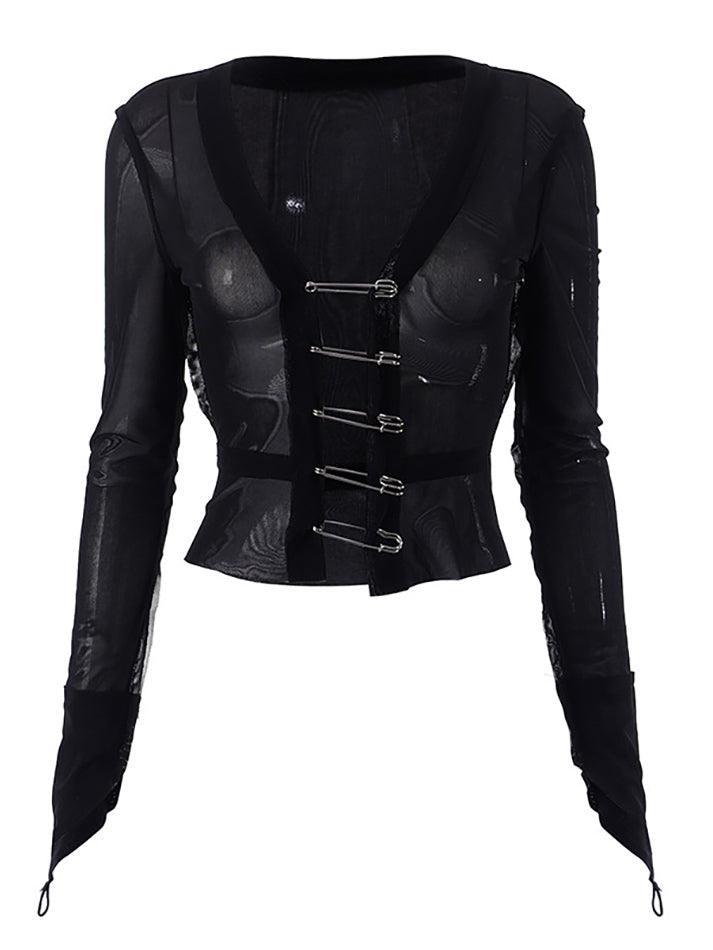 Black Mesh Safety Pin Cardigan Black / S Sweaters