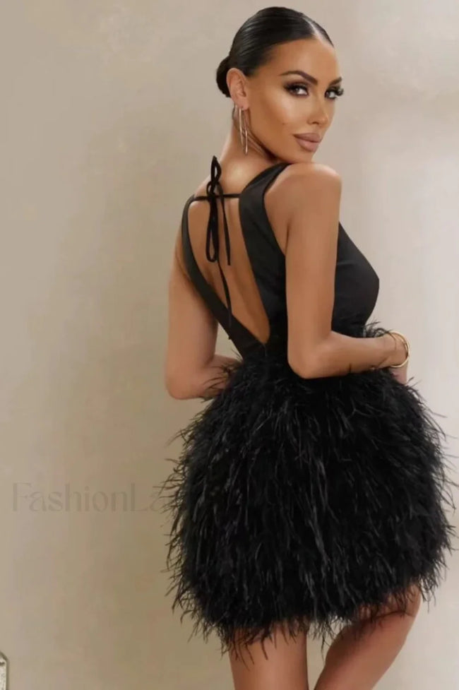 Black Plunge Stylish Front Mini Dress Party Dresses L Main image