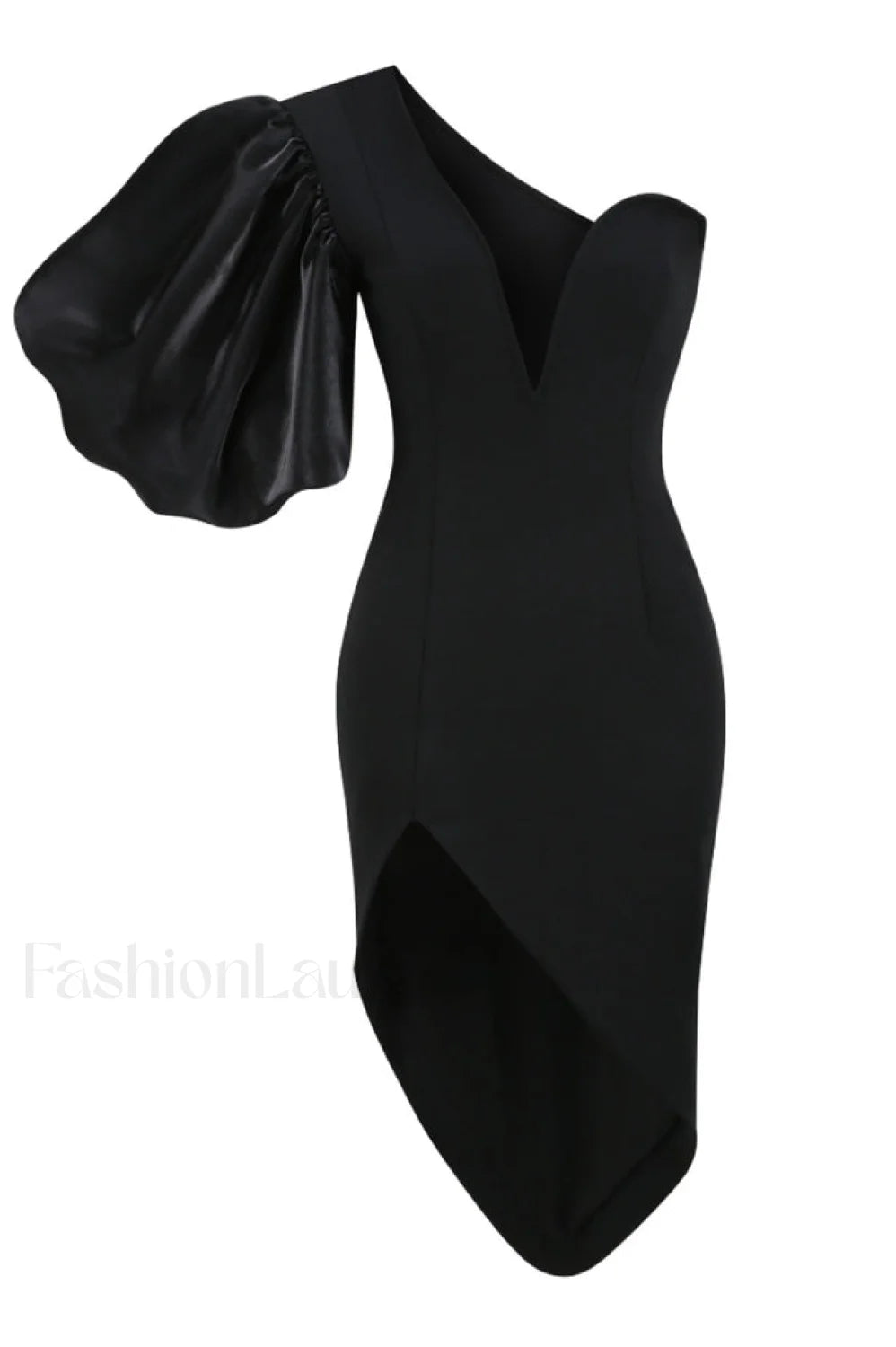Black Puff Sleeve Charming Asymmetric Midi Dress S / Black