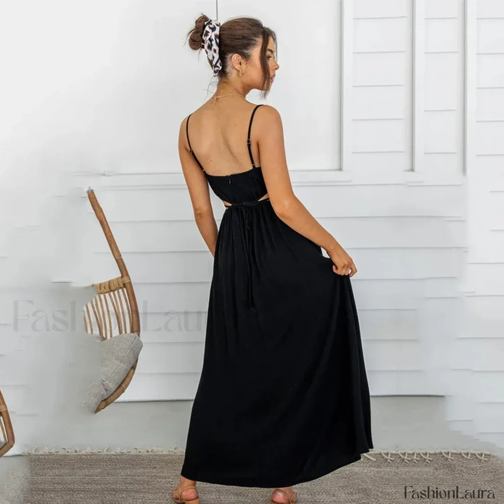 Black Ruffle Lace Up Midi Dress